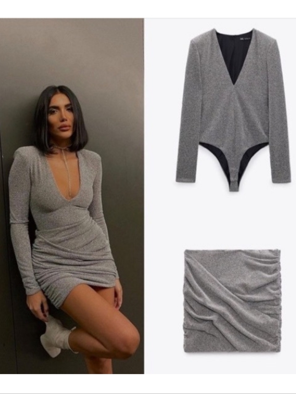 Zara Metallic Gray Long-Sleeve Bodysuit & Skirt Set
